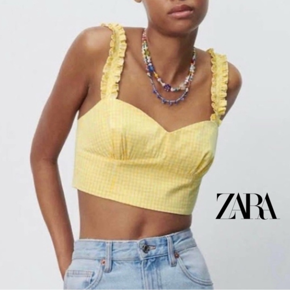 Zara Yellow white gingham Ruffled smocked back Crop Top size Medium